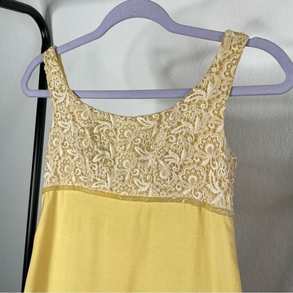 VINTAGE 70’s Pastel Yellow Empire Waist Dress w Train - Picture 2 of 14